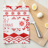 Rood rendier gebreid patroon witte achtergrond theedoek (Quarter Fold)