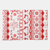 Rood rendier gebreid patroon witte achtergrond theedoek (Horizontaal)