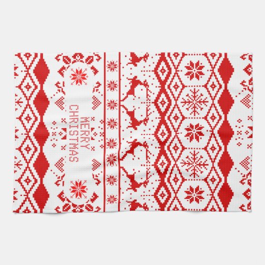 Rood rendier gebreid patroon witte achtergrond theedoek (Horizontaal)