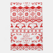 Rood rendier gebreid patroon witte achtergrond theedoek (Verticaal)