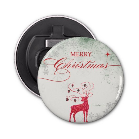 Rood Rendier Zilver Sneeuwvlokken Groene Kerst Button Flesopener (Voorkant)