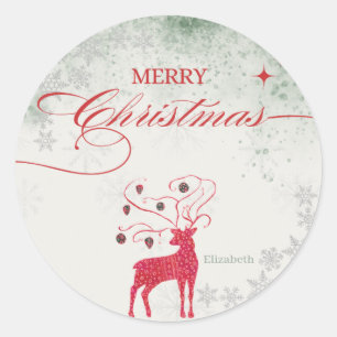Rood Rendier Zilver Sneeuwvlokken Groene Kerst Ronde Sticker