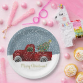 Rood  Retro Truck en kerstboom Papieren Bordje (Feest)
