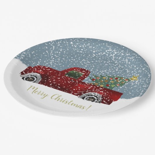 Rood Retro Truck en kerstboom Papieren Bordje (Gekanteld)