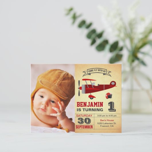 rood retro vliegtuig Verjaardag Uitnodiging Briefkaart (Staand voorkant)