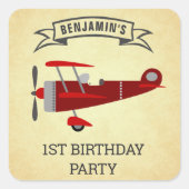  rood retro vliegtuig verjaardagsfeestje gunst vierkante sticker (Voorkant)