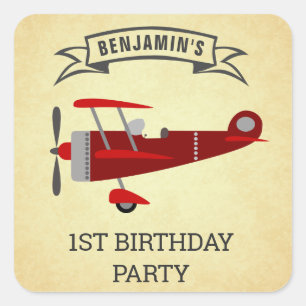 rood retro vliegtuig verjaardagsfeestje gunst vierkante sticker