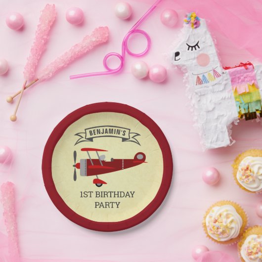 rood retro vliegtuig verjaardagsfeestje papieren bordje (Feest)