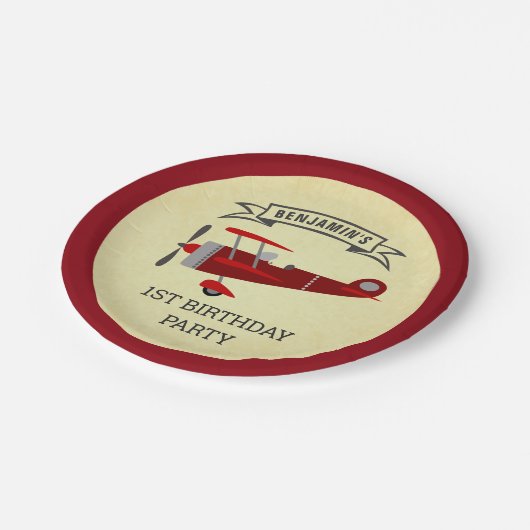 rood retro vliegtuig verjaardagsfeestje papieren bordje (Gekanteld)