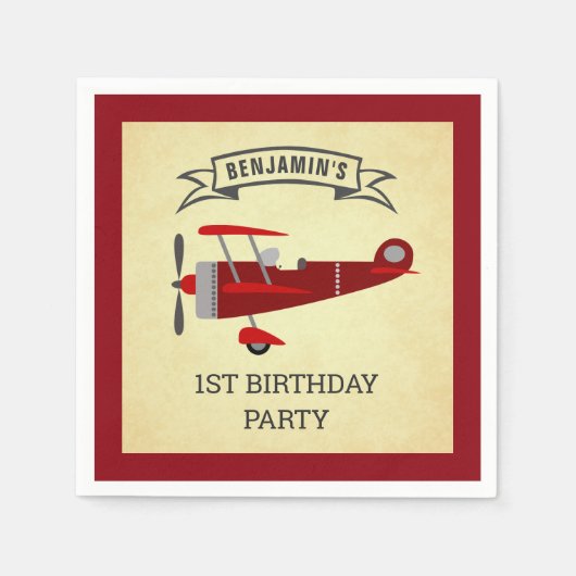 rood retro vliegtuig verjaardagsfeestpapier servet (Voorkant)