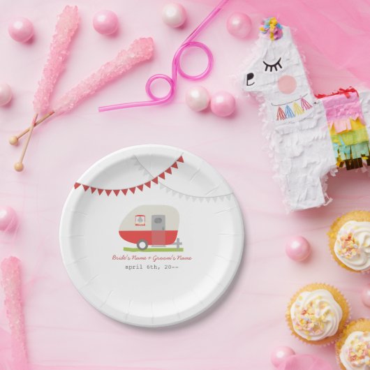 Rood-retrotrailer bruiloft papieren bordje (Feest)