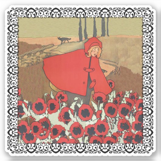 Rood Rijden Hood Veld Rood Poppies Wolf ingelijst Sticker (Voorkant)