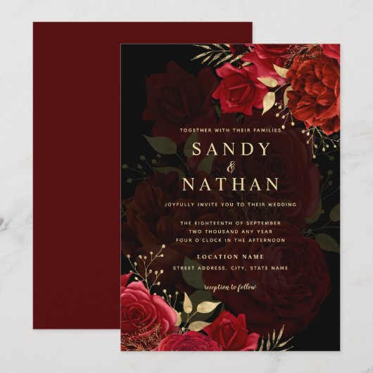 Rood Romantisch Roos Huwelijksuitnodiging Kaart (Voorkant / Achterkant)