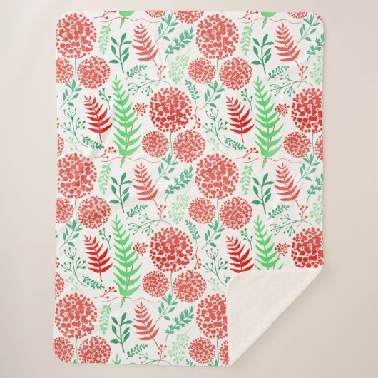 Rood rond bloemen groen blad patroon sherpa deken (Voorkant)