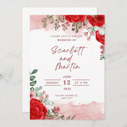 Rood roodroze transparante inkt voor bruiloft kaart (Voorkant / Achterkant)