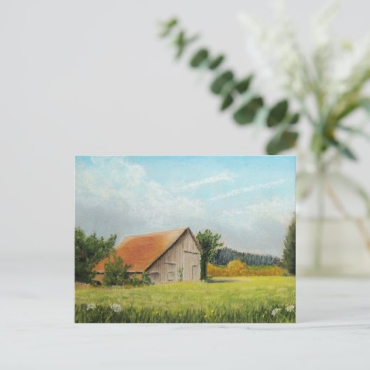 Rood-Roofed Barn in de Meadow Briefkaart (Staand voorkant)