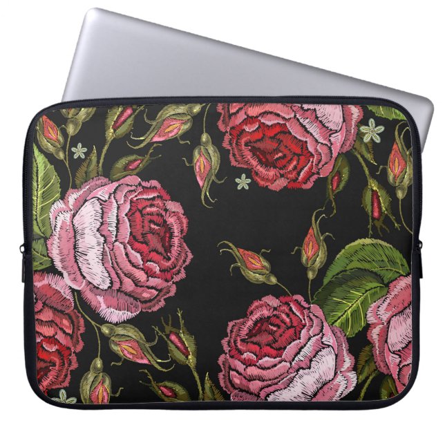  rood roos borduurpatroon laptop sleeve (Voorkant)