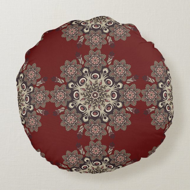 Rood/Roos Rond Omkeerbaar Mandala Kussen (Achterkant)