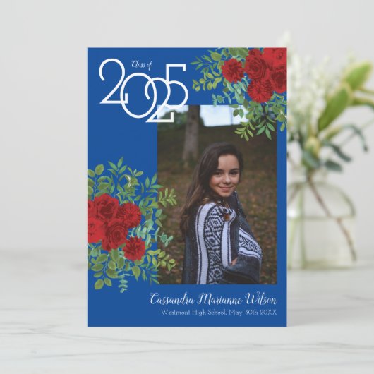 Rood Rose Blue Foto Afstuderen Aankondiging (Staand voorkant)