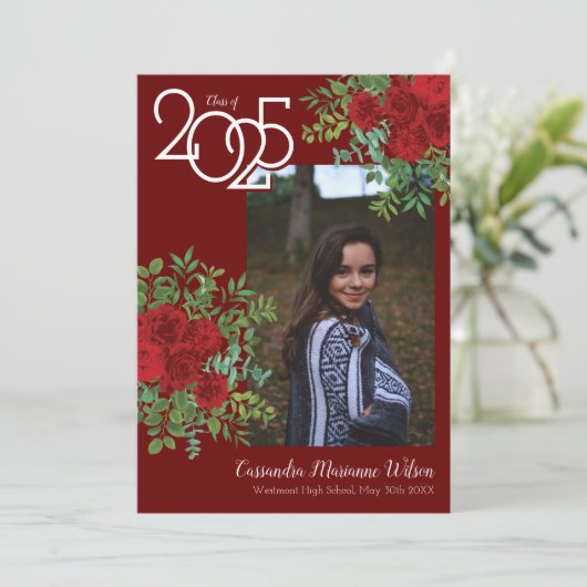 Rood Rose Foto Afstuderen Aankondiging (Staand voorkant)