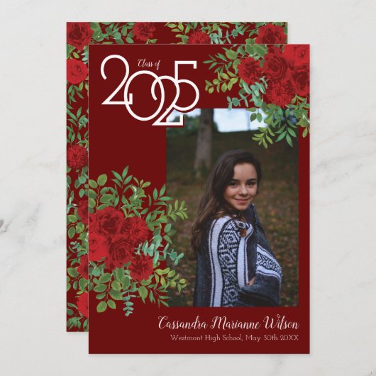 Rood Rose Foto Afstuderen Aankondiging (Voorkant / Achterkant)