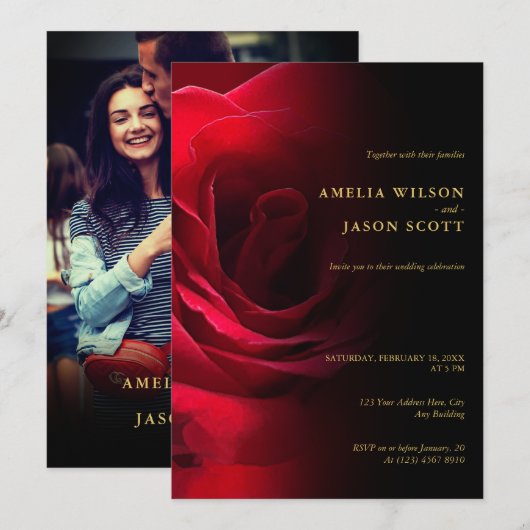 Rood Rose Gradient Zwart met Foto Bruiloft Kaart (Voorkant / Achterkant)