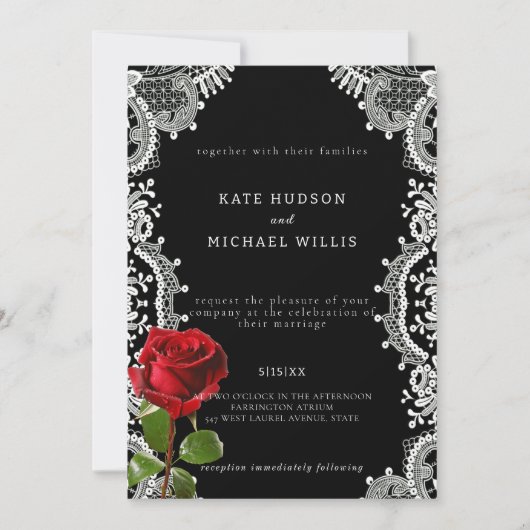 Rood Rose Mooi Wit Kant Bruiloft Kaart (Voorkant)