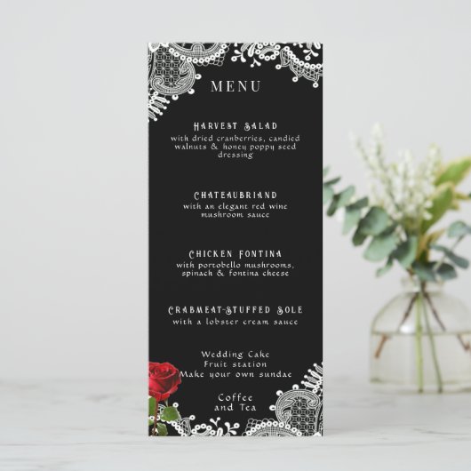 Rood Rose Mooi Wit Kant Bruiloft Menu (Staand voorkant)