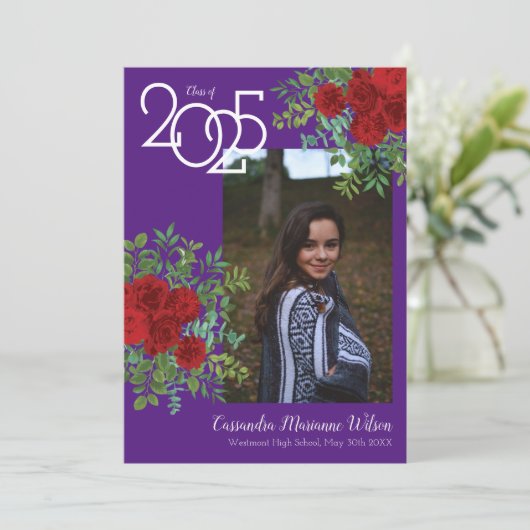 Rood Rose Paars Foto Afstuderen Aankondiging (Staand voorkant)