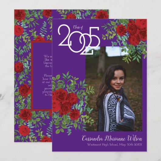 Rood Rose Paars Foto Afstuderen Aankondiging (Voorkant / Achterkant)