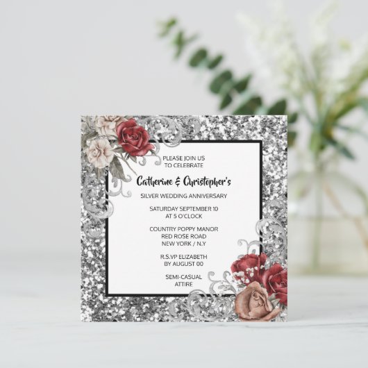 Rood rose zilver glitter shimmer  rozen chic kaart (Staand voorkant)