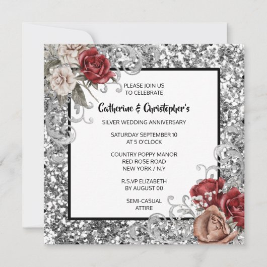 Rood rose zilver glitter shimmer  rozen chic kaart (Voorkant)