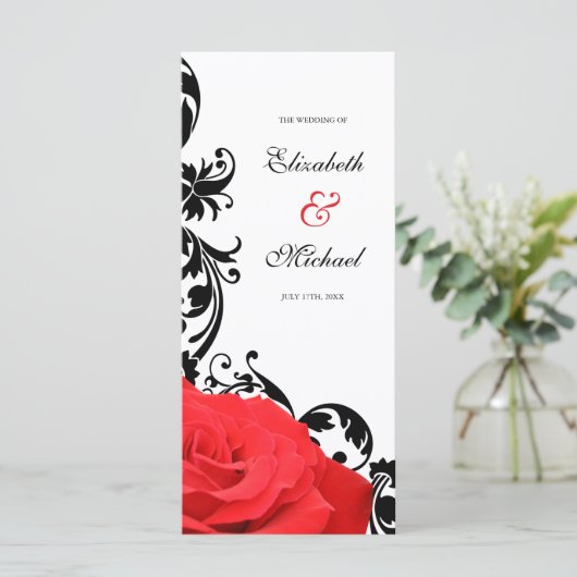 Rood Rose Zwart Bloeiende Bruiloft Programmakaart (Staand voorkant)