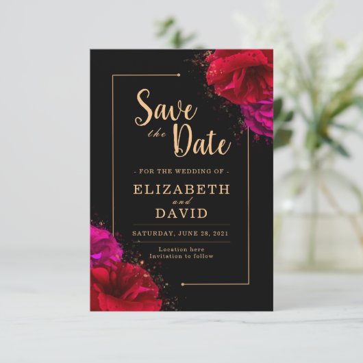 Rood Rose Zwart en Goud Elegant Save The Date (Staand voorkant)