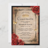  Rood Rose Zwart Goud Elegant Quinceanera Kaart (Voorkant)
