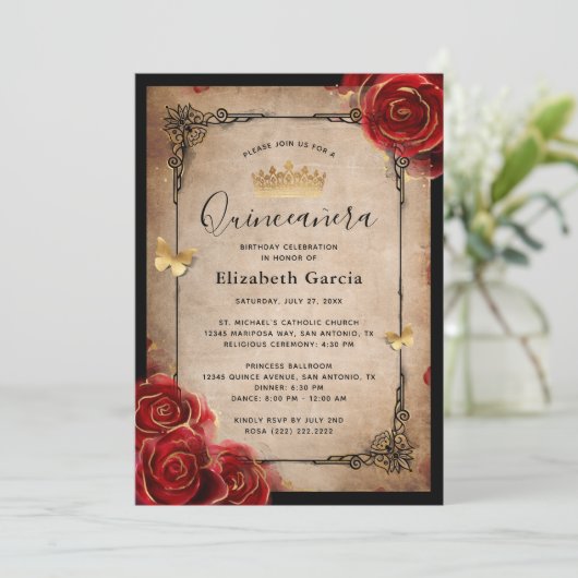  Rood Rose Zwart Goud Elegant Quinceanera Kaart (Staand voorkant)
