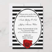 Rood Rose Zwart & Wit Strepen Bruiloft Uitnodiging (Voorkant)