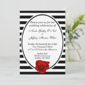 Rood Rose Zwart & Wit Strepen Bruiloft Uitnodiging (Staand voorkant)