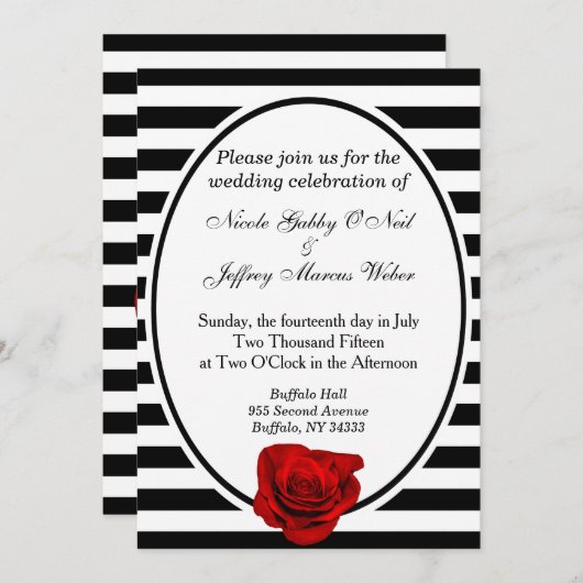 Rood Rose Zwart & Wit Strepen Bruiloft Uitnodiging (Voorkant / Achterkant)