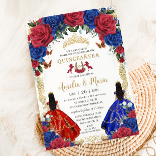 Rood Royal Blue Floral Girls Twins Quinceañera XV Kaart