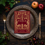 Rood Royal Medieval Sword Wedding Table Number Kaart<br><div class="desc">Vier uw speciale dag met deze Royal Medieval Sword Wedding design. Het ontwerp op de achterkant van de uitnodiging is GEEN echte gouden folie. Items worden precies afgedrukt zoals ze op uw scherm verschijnen wanneer u aan de winkelwagen toevoegt, dus personaliseer en voeg elk tabelnummer dat u nodig hebt afzonderlijk...</div>