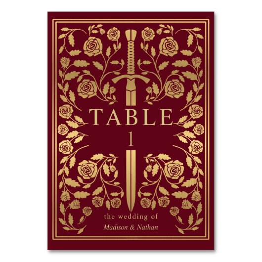 Rood Royal Medieval Sword Wedding Table Number Kaart (Achterkant)