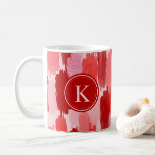 Rood Roze Abstracte penseelstreken Patroon Monogra Koffiemok