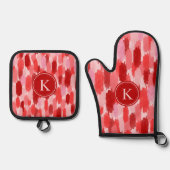 Rood Roze Abstracte penseelstreken Patroon Monogra Ovenwant & Pannenlap Set (Voorkant)
