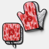 Rood Roze Abstracte penseelstreken Patroon Monogra Ovenwant & Pannenlap Set (Voorkant / Achterkant)