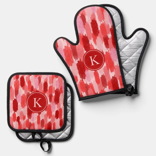 Rood Roze Abstracte penseelstreken Patroon Monogra Ovenwant & Pannenlap Set (Voorkant / Achterkant)