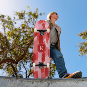 Rood Roze Abstracte penseelstreken Patroon Monogra Persoonlijk Skateboard