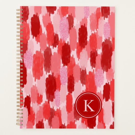 Rood Roze Abstracte penseelstreken Patroon Monogra Planner (Voorkant)