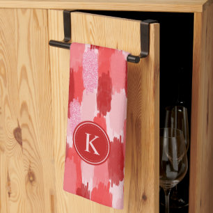 Rood Roze Abstracte penseelstreken Patroon Monogra Theedoek