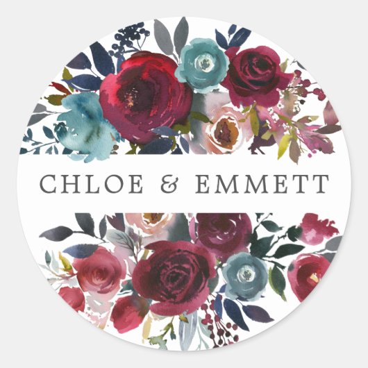 Rood Roze Blauw Bloemen Bruiloft Envelop Seal Ronde Sticker (Voorkant)